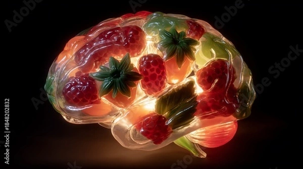 Fototapeta Translucent brain filled with strawberry, raspberry, and leafy decorations