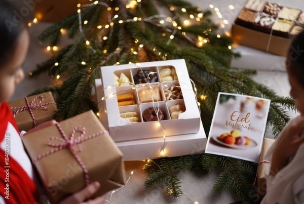 Obraz Assorted holiday sweets in gift box with Christmas lights