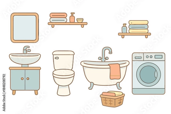 Fototapeta Bathroom elements flat illustration with soft glow effect