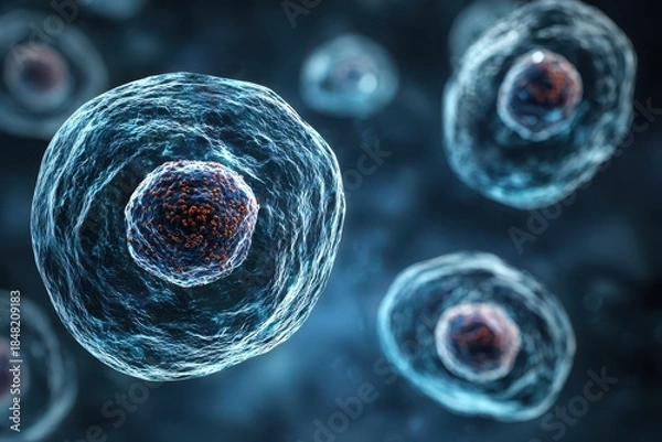 Obraz 3D Illustration of Animal Cells on a Blue Background: Exploring Early Embryonic Structures and Their Role in Medicine and Stem Cell Research