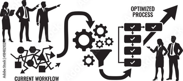 Obraz Business workflow optimization process with current workflow and optimized process diagrams and silhouetted people