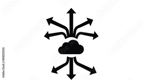 Obraz Cloud computing network concept with arrows radiating from cloud icon, symbolizing data exchange and connectivity in modern technology