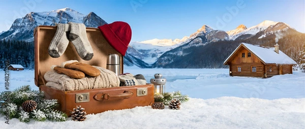Obraz Vintage suitcase packed with winter clothes in front of a snowy mountain cabin landscape.