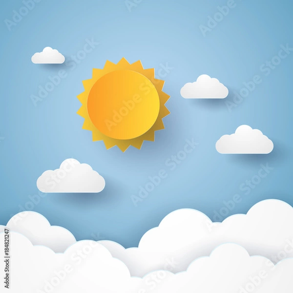 Fototapeta Cloudscape , blue sky with clouds and sun , paper art style