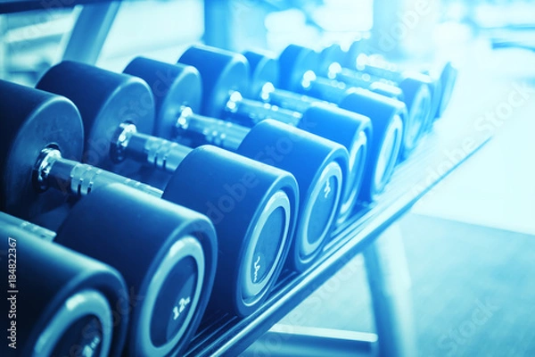 Fototapeta Rows of dumbbells in the gym with hign contrast and monochrome color tone
