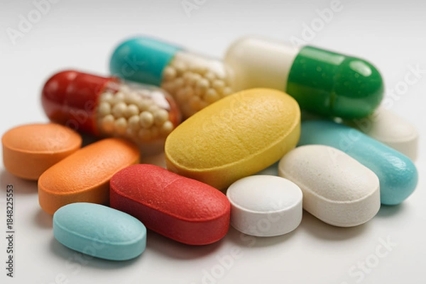 Obraz Разнообразные медицинские таблетки и капсулы на белом фоне