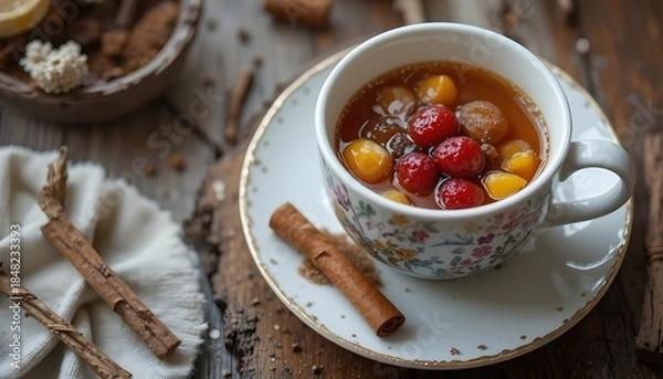 Obraz Warm spiced cranberry drink in floral tea cup on rustic wooden table