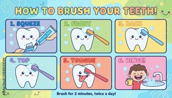 Obraz Dental care illustration showing how to brush teeth step by step  