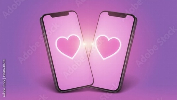 Obraz Two smartphones with glowing hearts on pink background  