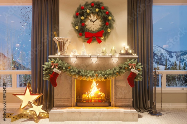 Fototapeta 3d illustration of a Christmas interior with a fireplace and gifts. An image for a postcard or a poster. Interior design in classical architectural style. Merry Christmas and New Year 2018