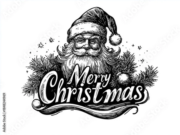 Obraz Elegancka, czarno-biała ilustracja Mikołaja z napisem Merry Christmas. Klasyczny styl retro z motywem igliwia i bombek, idealny na świąteczny plakat.