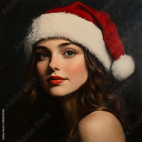 Obraz Portret pięknej kobiety w czerwonej czapce Świętego Mikołaja na ciemnym tle. Stylowa i klimatyczna grafika idealna na świąteczny plakat lub reklamę.