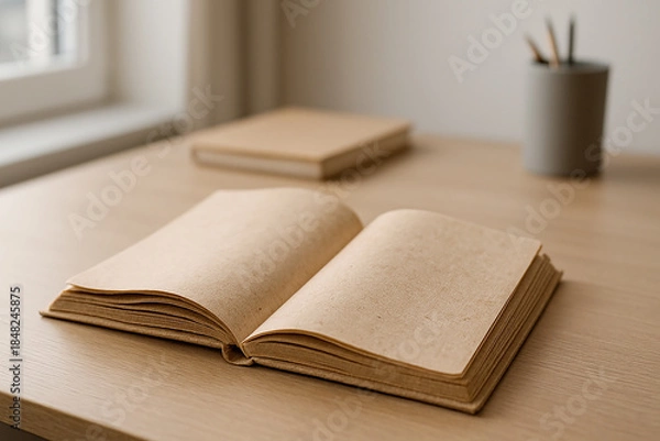 Fototapeta Open Blank Notebook on Light Wooden Desk in Minimalist Workspace