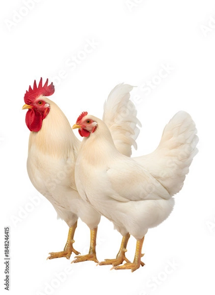 Obraz White rooster and hen standing together on transparent background