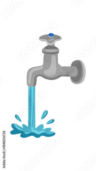 Fototapeta 水を出しっぱなしの蛇口　水彩風手描きベクターイラスト