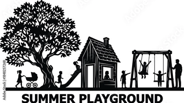 Obraz Summer playground silhouette vector illustration, kids playing on swing and slide, family leisure time in park nature background scene.