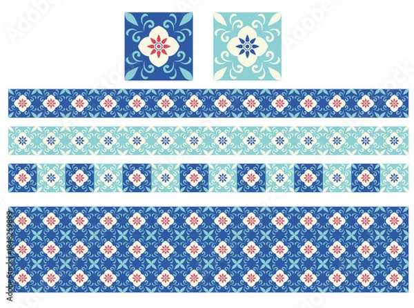 Obraz 装飾的なフラワータイル連続模様のシームレスパターンセット