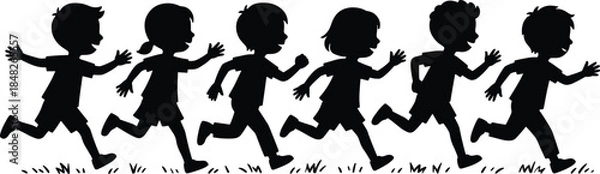 Obraz Children running silhouette vector, group of happy kids racing on grass, energetic boys and girls playing together illustration design.