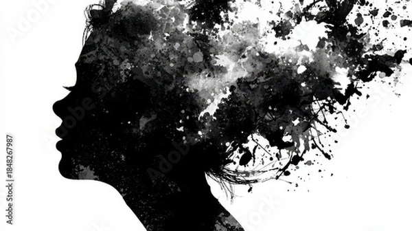 Fototapeta A silhouette of a woman's profile, her head dissolving into splatters of black ink against a white background