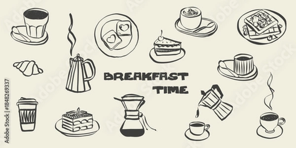Fototapeta Coffee and breakfast doodles in chalk style. Croissant, cup, bread sketches for cafe menu. Vintage hand drawn brunch icons perfect for restaurant posters and Italian food designs. Vector illustration
