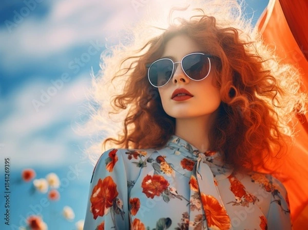 Fototapeta Stylish woman with curly red hair wearing sunglasses poses gracefully against a bright blue sky with flowing fabric and floral accents.