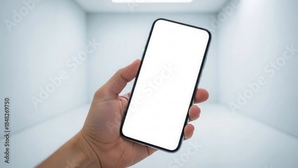 Obraz Hand holding a mobile phone with pristine white screen mockup in a minimalist bright studio setting