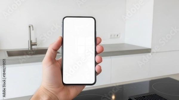 Obraz Hand holding a blank screen smartphone against a backdrop of a modern kitchen interior