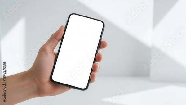 Obraz Smartphone mockup with empty white screen held by hand in creative studio