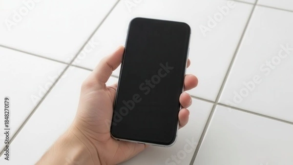 Obraz Hand holding smartphone with empty screen over white ceramic tiles in bathroom