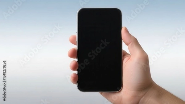 Obraz A hand holding a smartphone with empty screen against a soft gradient background for tech presentation