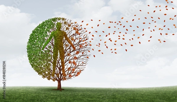 Obraz Human Aging Process and deteriorating health or reduced wellbeing as physical decline or weakening body condition due to chronic pain and disease represented by a tree in the fall.