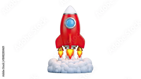 Fototapeta Red Rocket Launching with Smoke on White Background