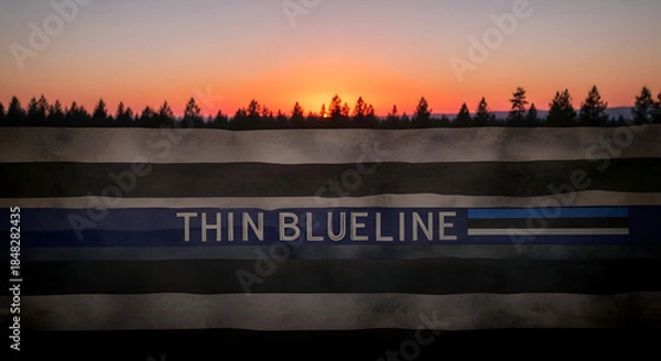 Fototapeta Thin Blue Line Flag with Sunset and Forest Silhouette.