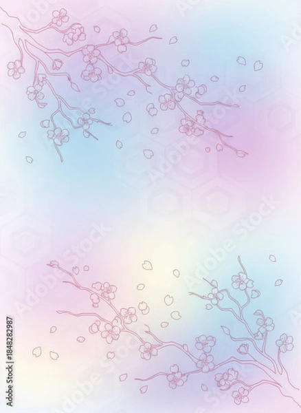 Fototapeta パステルカラーのグラデーションに桜の花びらが舞うイラスト
