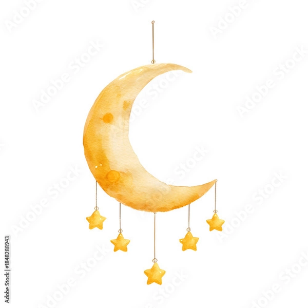 Obraz Cute minimalistic simple watercolor painting of a crescent moon with hanging stars mobile childfriendly simple design nursery watercolor style clean shapes handpainted texture isolate