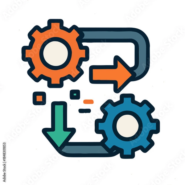 Fototapeta Flat icon for a data pipeline or ETL process, featuring a stylized representation of interconnected gears, pipes, or arrows in a modern and minimalist design, with a bold color scheme and clean lines