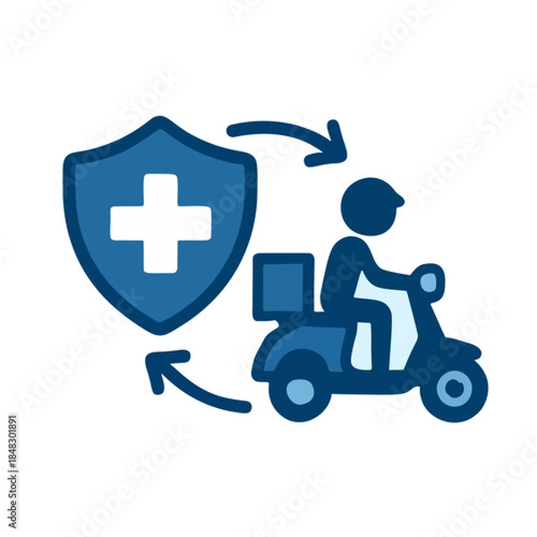 Fototapeta Icon "Insurtech for Gig Workers" - A flexible health insurance symbol, following the icon of a ride-hail/delivery motorbike.