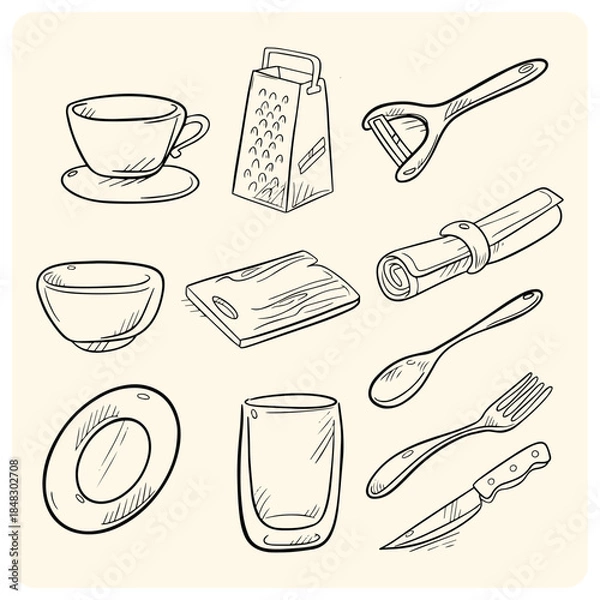 Fototapeta Kitchen Utensils and Tableware Doodle Set