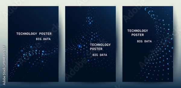 Obraz Big data technology poster set with Blue wave particle glowing and data visualization