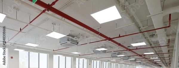 Obraz Fire suppression system pipes in the ceiling are red.