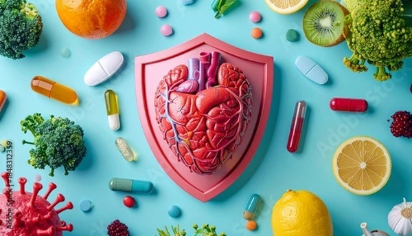 Fototapeta Human heart model protected by a shield, surrounded by healthy fruits, vegetables, vitamins, and immune-boosting supplements on a blue background.