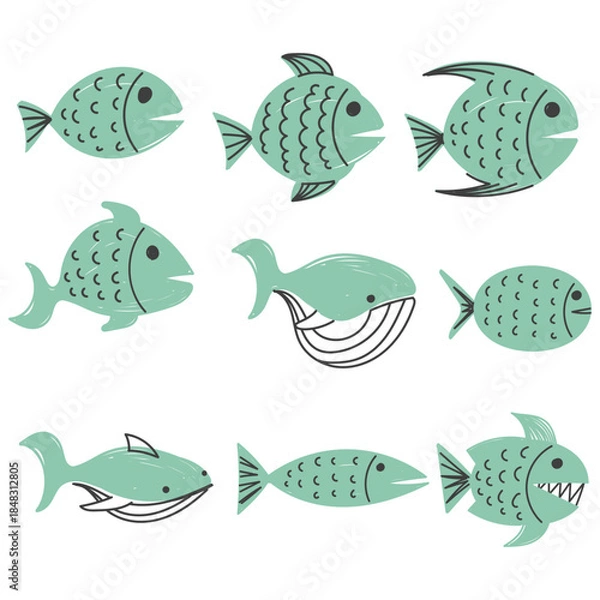 Obraz hand drawn doodle fish set collection