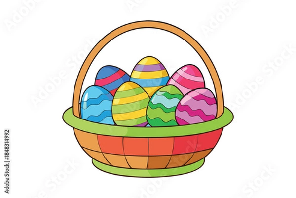 Obraz Easter basket filled with colored eggs on white background