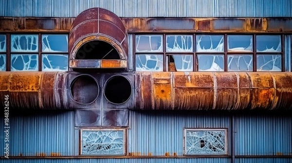 Obraz Rusted metal facade with broken windows.
