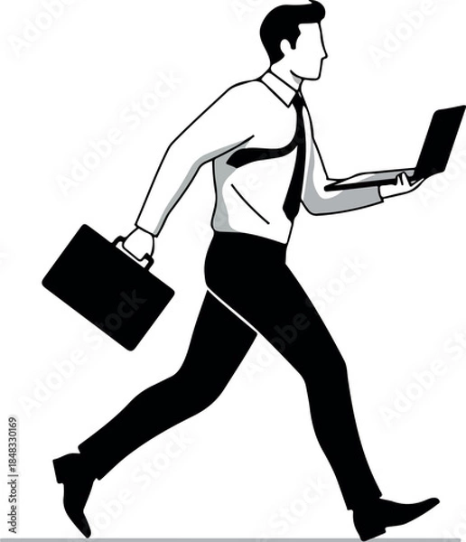 Obraz Man In Suit With Laptop And Briefcase Running On White