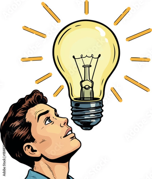 Obraz Man Looking Up At Bright Yellow Light Bulb Idea Concept