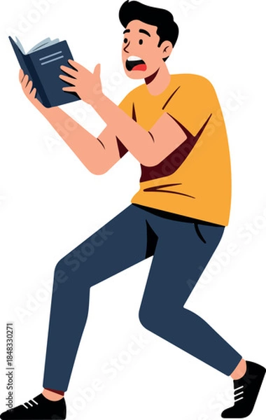 Obraz Man Reading Book Shocked Expression Yellow Shirt Blue Pants Isolated Vector Illustration