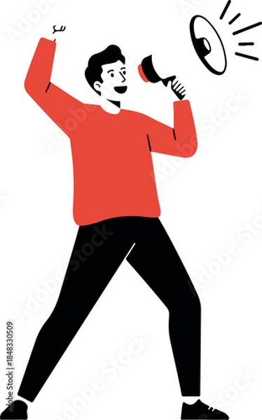 Obraz Man With Megaphone Announcing in Red Sweater and Black Pants