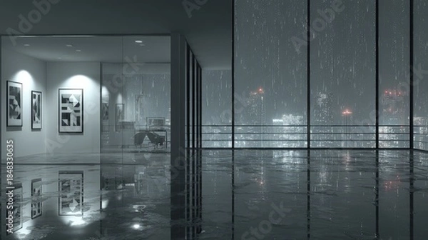 Obraz Modern Interior With Rainstorm View