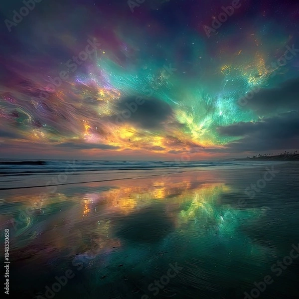 Obraz Colorful Sunset Over Beach with Water Reflection